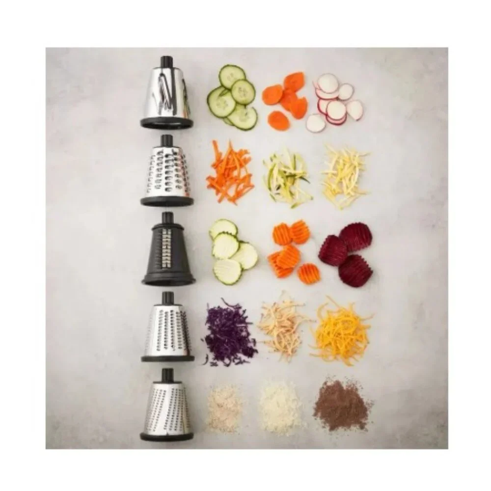 Rotary Food Grater, 5 Stainless Steel Drums, Dishwasher Safe, with Storage